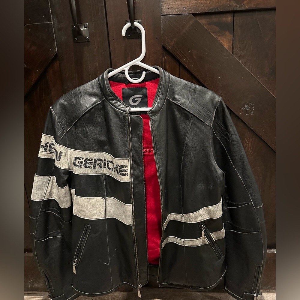 Hein Gericke Black Leather Motorcycle Jacket with White Accents